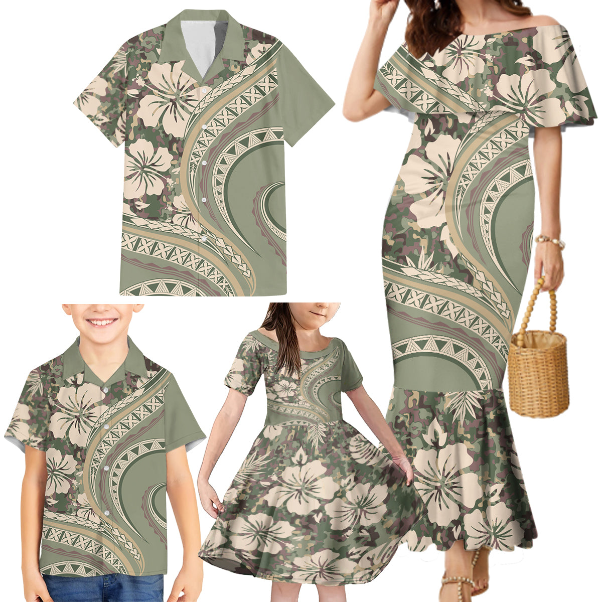 Hawaiian Hibiscus Tribal Vintage Motif Family Matching Mermaid Dress and Hawaiian Shirt Ver 6 LT9 - Polynesian Pride