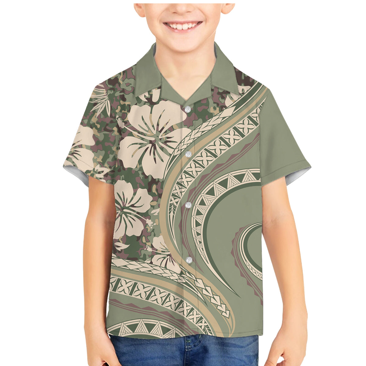 Hawaiian Hibiscus Tribal Vintage Motif Family Matching Mermaid Dress and Hawaiian Shirt Ver 6 LT9 Son's Shirt Green Pastel - Polynesian Pride