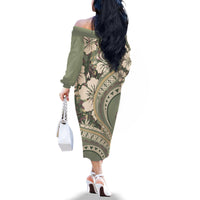 Hawaiian Hibiscus Tribal Vintage Motif Family Matching Off The Shoulder Long Sleeve Dress and Hawaiian Shirt Ver 6 LT9 - Polynesian Pride