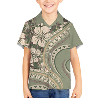 Hawaiian Hibiscus Tribal Vintage Motif Family Matching Off The Shoulder Long Sleeve Dress and Hawaiian Shirt Ver 6 LT9 Son's Shirt Green Pastel - Polynesian Pride