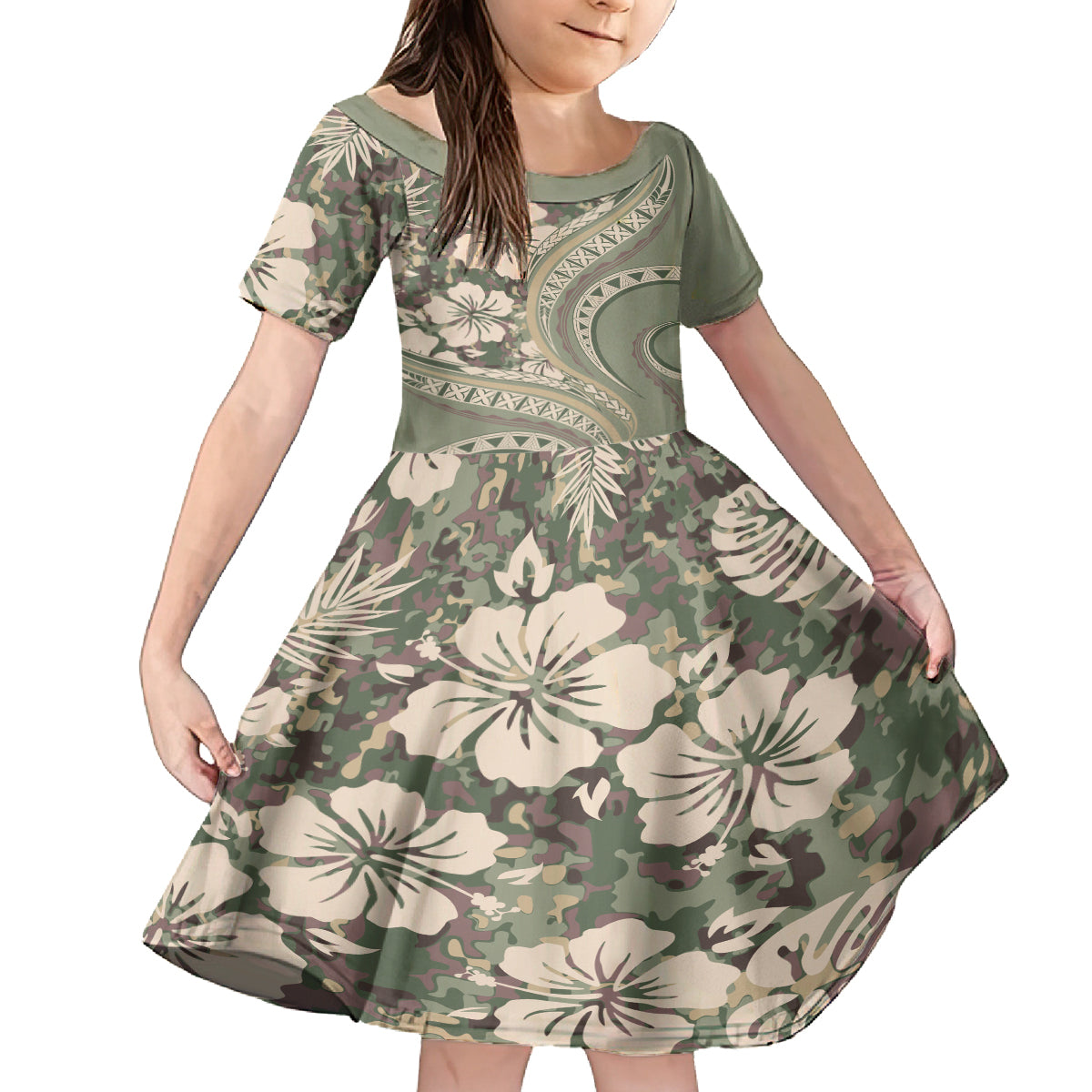 Hawaiian Hibiscus Tribal Vintage Motif Family Matching Off Shoulder Maxi Dress and Hawaiian Shirt Ver 6 LT9 Daughter's Dress Green Pastel - Polynesian Pride