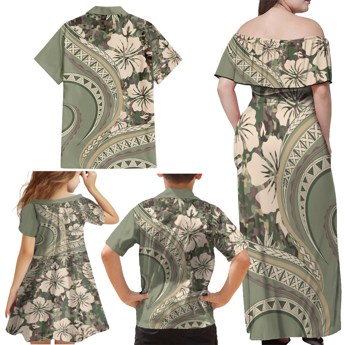 Hawaiian Hibiscus Tribal Vintage Motif Family Matching Off Shoulder Maxi Dress and Hawaiian Shirt Ver 6 LT9 - Polynesian Pride