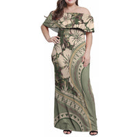 Hawaiian Hibiscus Tribal Vintage Motif Family Matching Off Shoulder Maxi Dress and Hawaiian Shirt Ver 6 LT9 Mom's Dress Green Pastel - Polynesian Pride