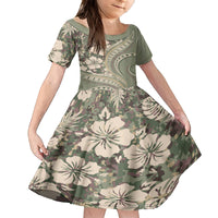 Hawaiian Hibiscus Tribal Vintage Motif Family Matching Off Shoulder Short Dress and Hawaiian Shirt Ver 6 LT9 Daughter's Dress Green Pastel - Polynesian Pride