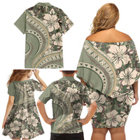 Hawaiian Hibiscus Tribal Vintage Motif Family Matching Off Shoulder Short Dress and Hawaiian Shirt Ver 6 LT9 - Polynesian Pride