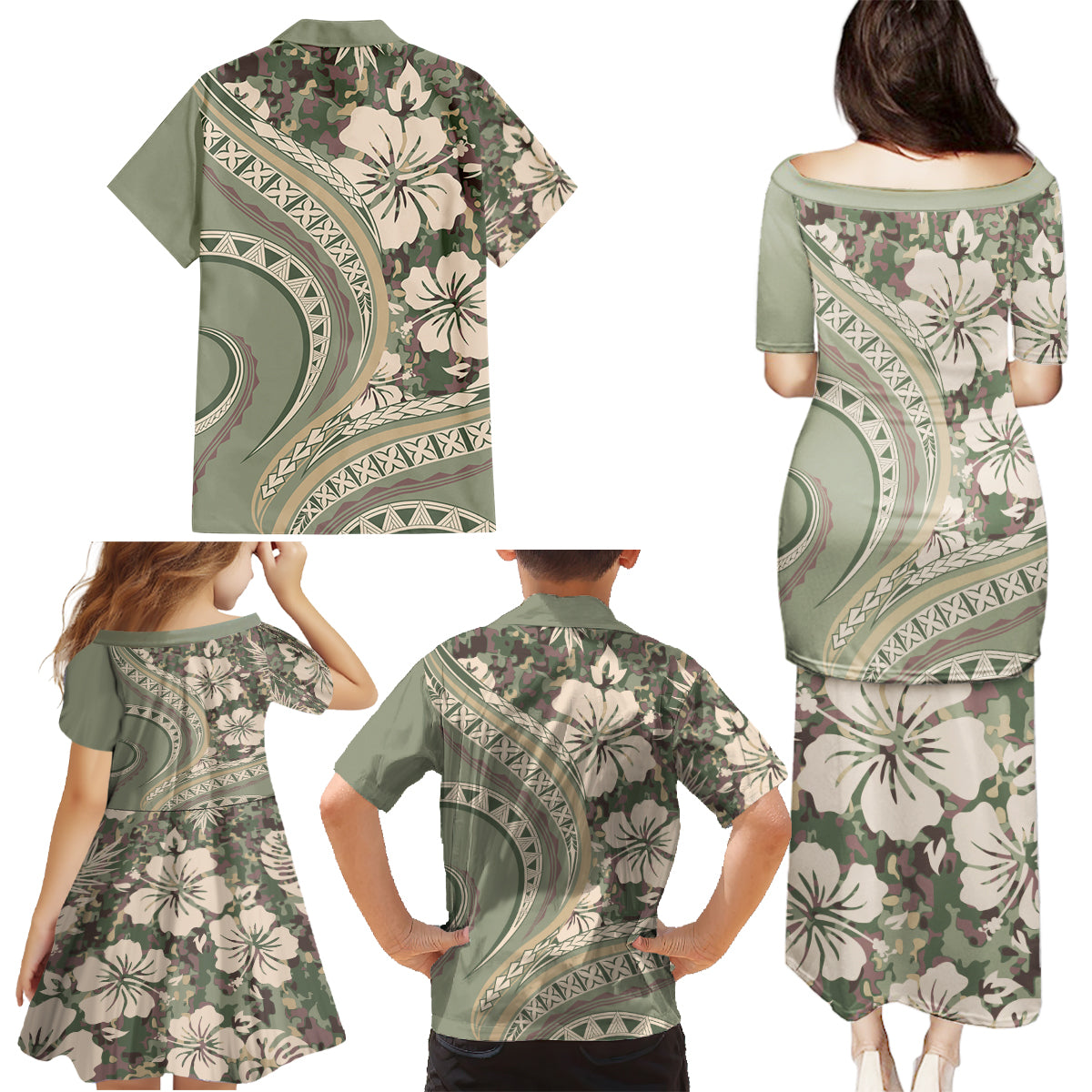Hawaiian Hibiscus Tribal Vintage Motif Family Matching Puletasi and Hawaiian Shirt Ver 6 LT9 - Polynesian Pride