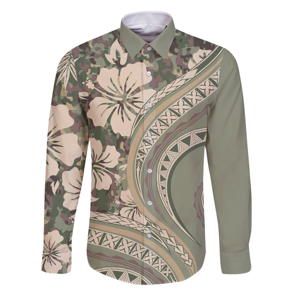 Hawaiian Hibiscus Tribal Vintage Motif Family Matching Puletasi and Hawaiian Shirt Ver 6 LT9 Dad's Shirt - Long Sleeve Green Pastel - Polynesian Pride