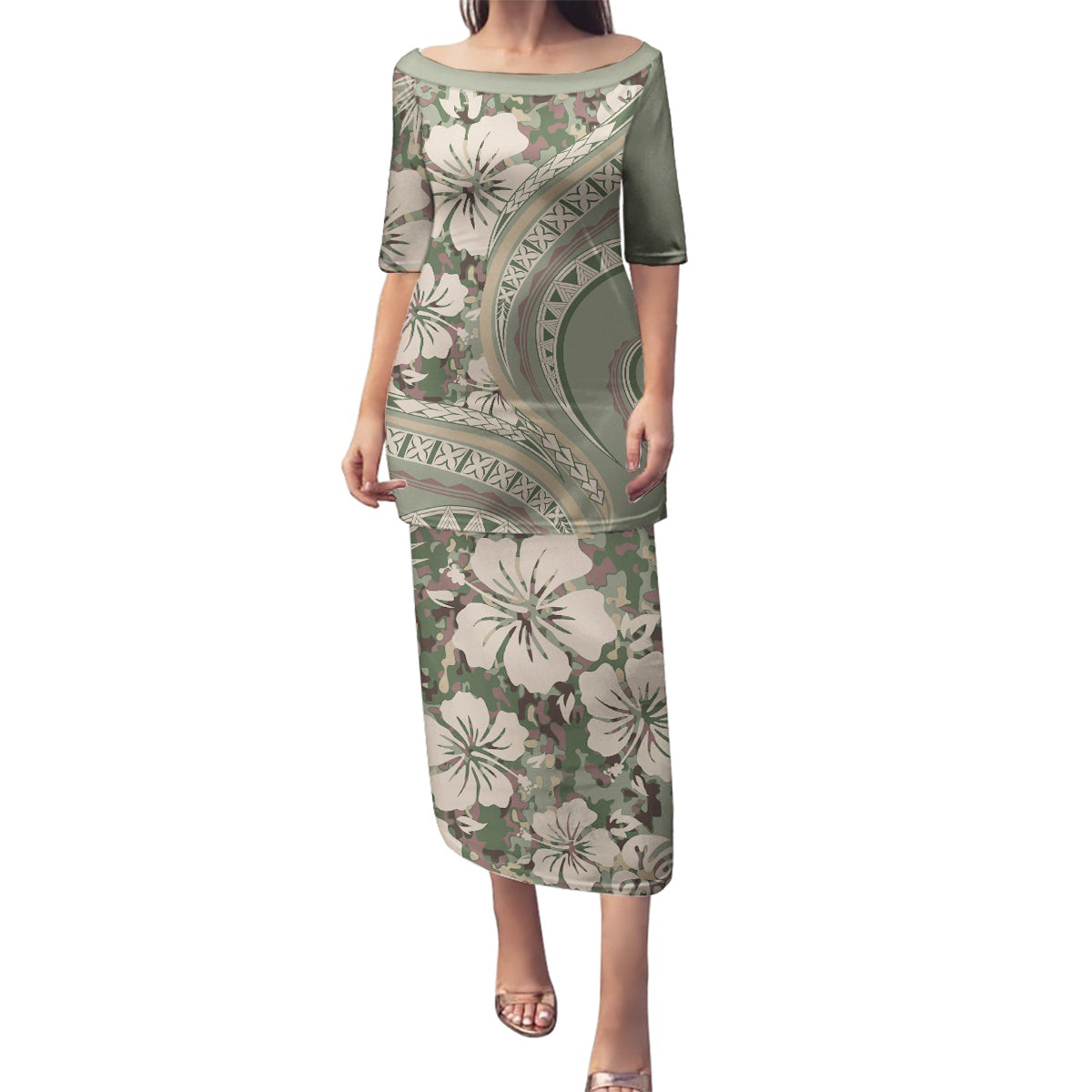 Hawaiian Hibiscus Tribal Vintage Motif Family Matching Puletasi and Hawaiian Shirt Ver 6 LT9 Mom's Dress Green Pastel - Polynesian Pride