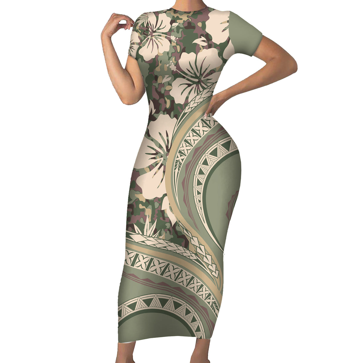 Hawaiian Hibiscus Tribal Vintage Motif Family Matching Short Sleeve Bodycon Dress and Hawaiian Shirt Ver 6 LT9 Mom's Dress Green Pastel - Polynesian Pride