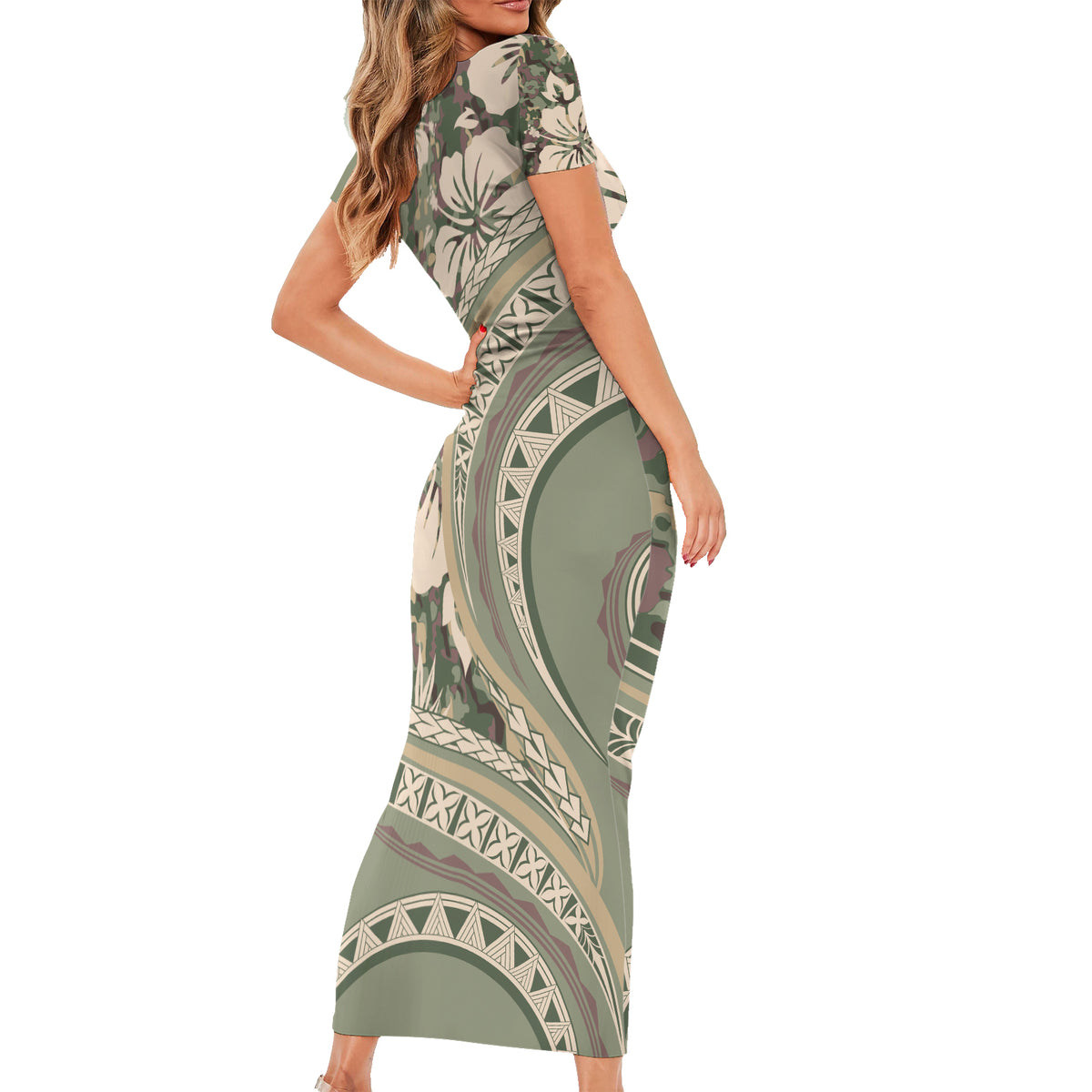 Hawaiian Hibiscus Tribal Vintage Motif Family Matching Short Sleeve Bodycon Dress and Hawaiian Shirt Ver 6 LT9 - Polynesian Pride