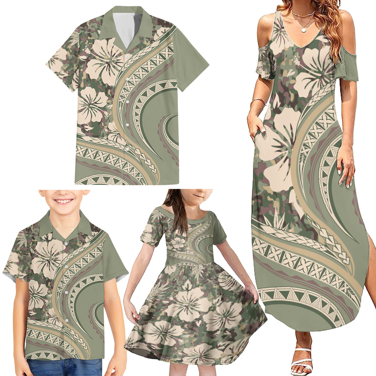 Hawaiian Hibiscus Tribal Vintage Motif Family Matching Summer Maxi Dress and Hawaiian Shirt Ver 6 LT9 - Polynesian Pride
