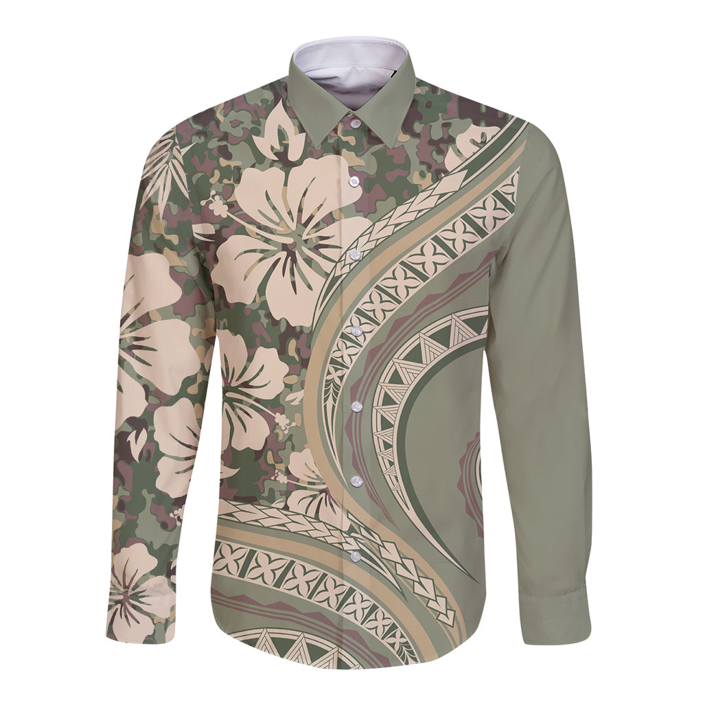 Hawaiian Hibiscus Tribal Vintage Motif Long Sleeve Button Shirt Ver 6 LT9 Unisex Green Pastel - Polynesian Pride