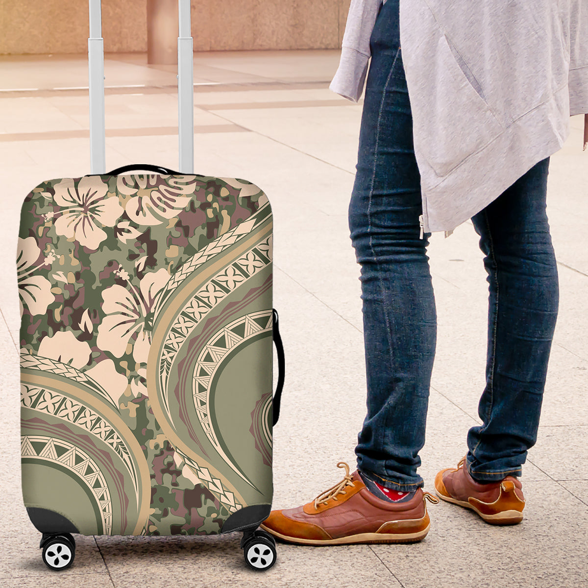 Hawaiian Hibiscus Tribal Vintage Motif Luggage Cover Ver 6 LT9 Green Pastel - Polynesian Pride