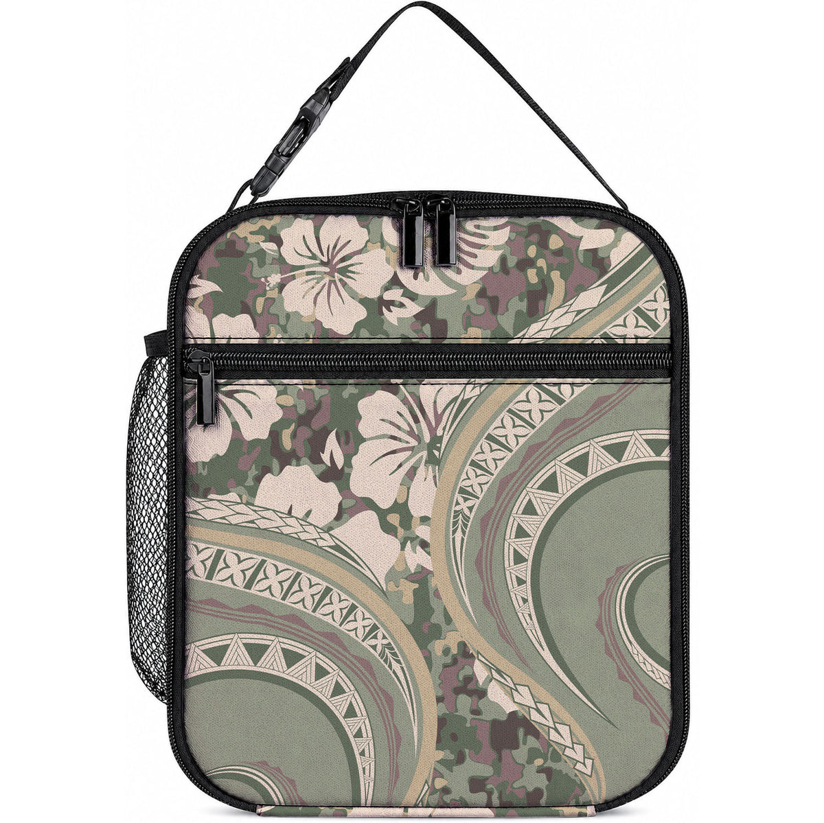 Hawaiian Hibiscus Tribal Vintage Motif Lunch Bag Ver 6 LT9 10.2 × 8.3 × 4.3 inch Green Pastel - Polynesian Pride