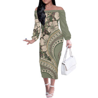 Hawaiian Hibiscus Tribal Vintage Motif Off The Shoulder Long Sleeve Dress Ver 6 LT9 Women Green Pastel - Polynesian Pride
