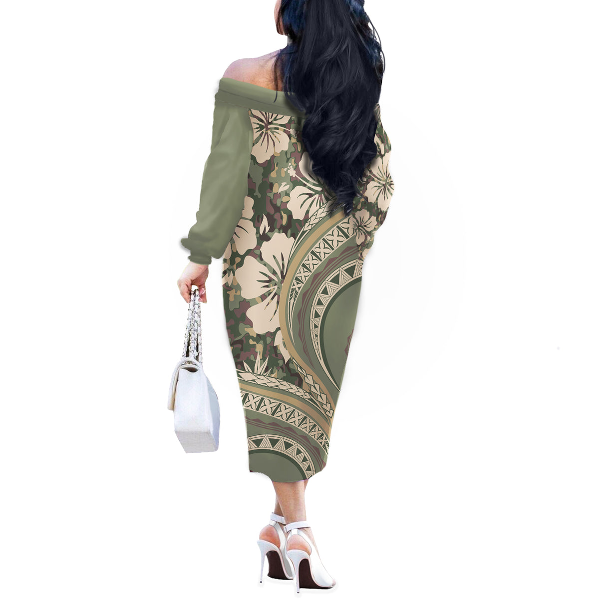 Hawaiian Hibiscus Tribal Vintage Motif Off The Shoulder Long Sleeve Dress Ver 6 LT9 - Polynesian Pride