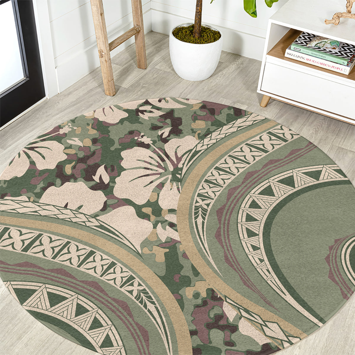 Hawaiian Hibiscus Tribal Vintage Motif Round Carpet Ver 6 LT9 Green Pastel - Polynesian Pride