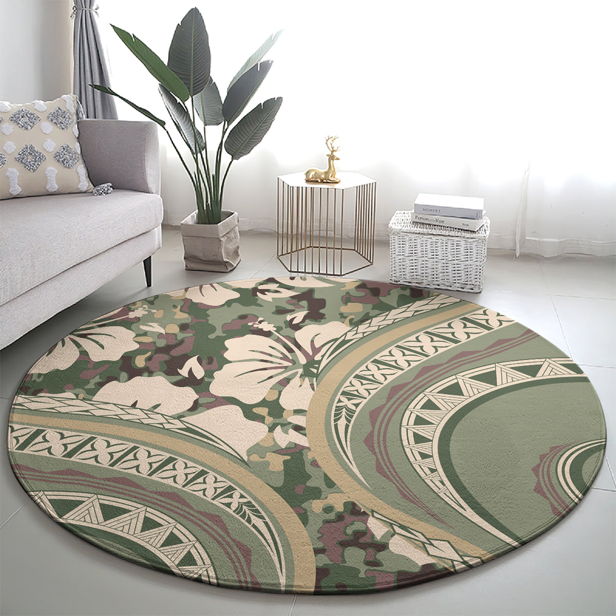 Hawaiian Hibiscus Tribal Vintage Motif Round Carpet Ver 6 LT9 - Polynesian Pride