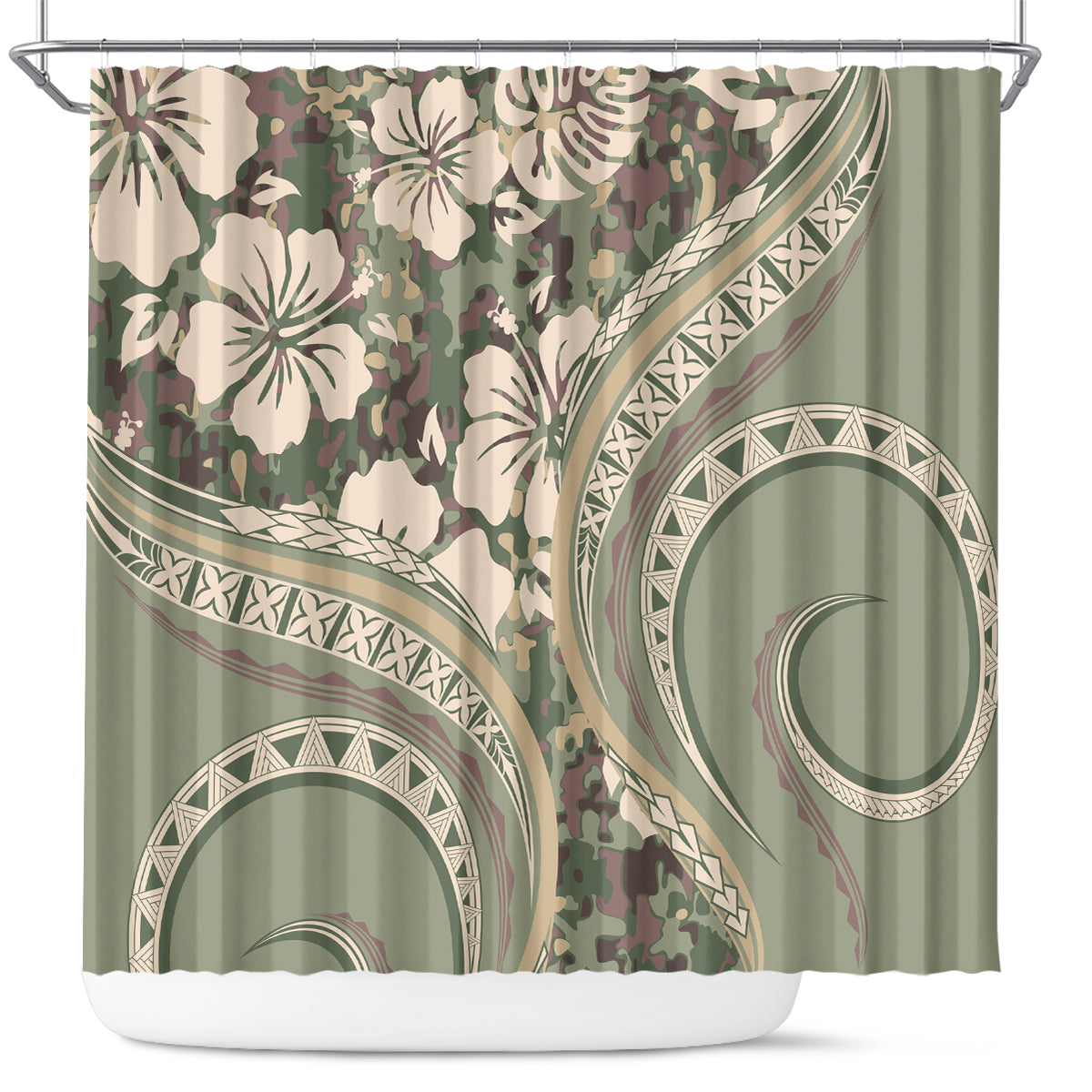 Hawaiian Hibiscus Tribal Vintage Motif Shower Curtain Ver 6 LT9 Green Pastel - Polynesian Pride