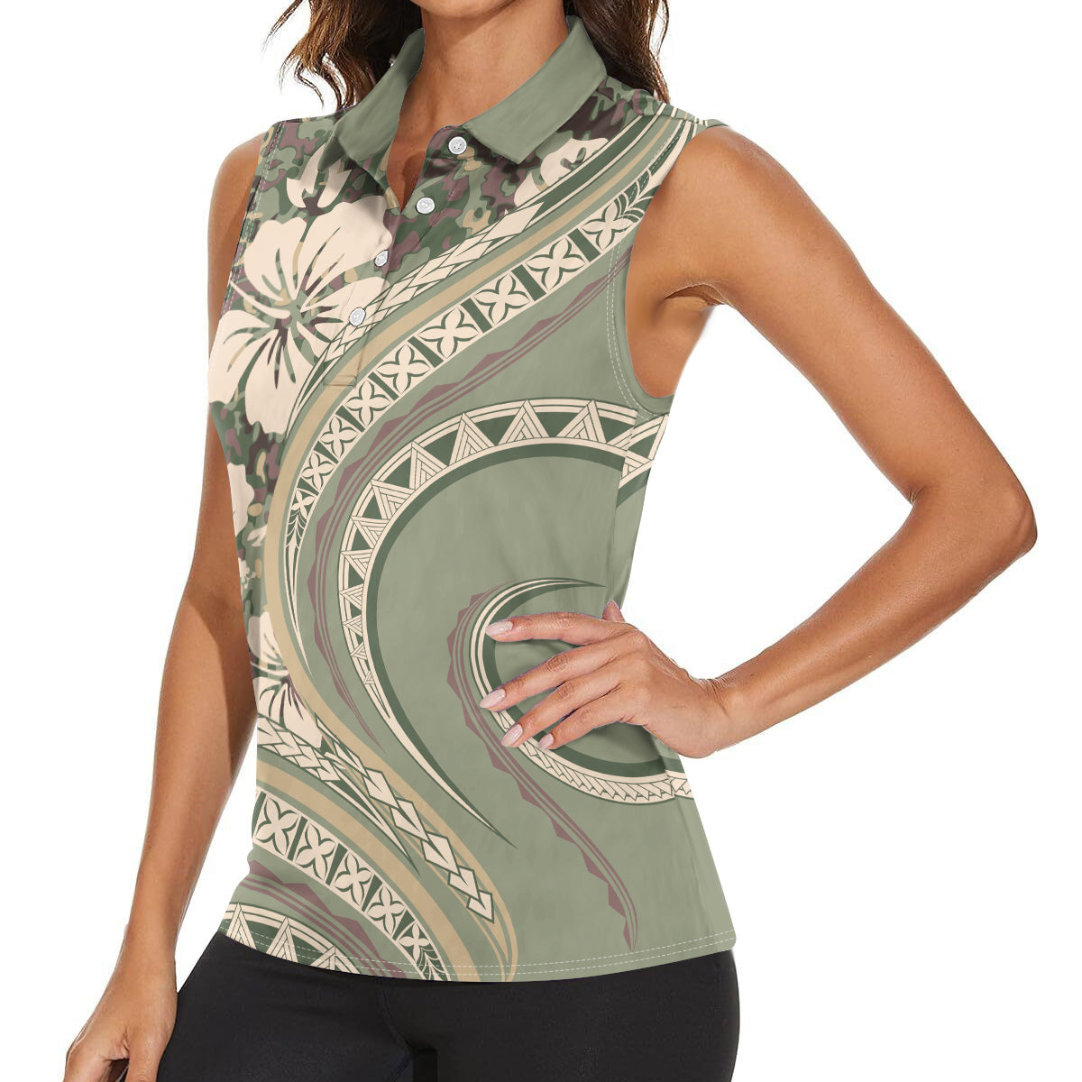 Hawaiian Hibiscus Tribal Vintage Motif Women Sleeveless Polo Shirt Ver 6