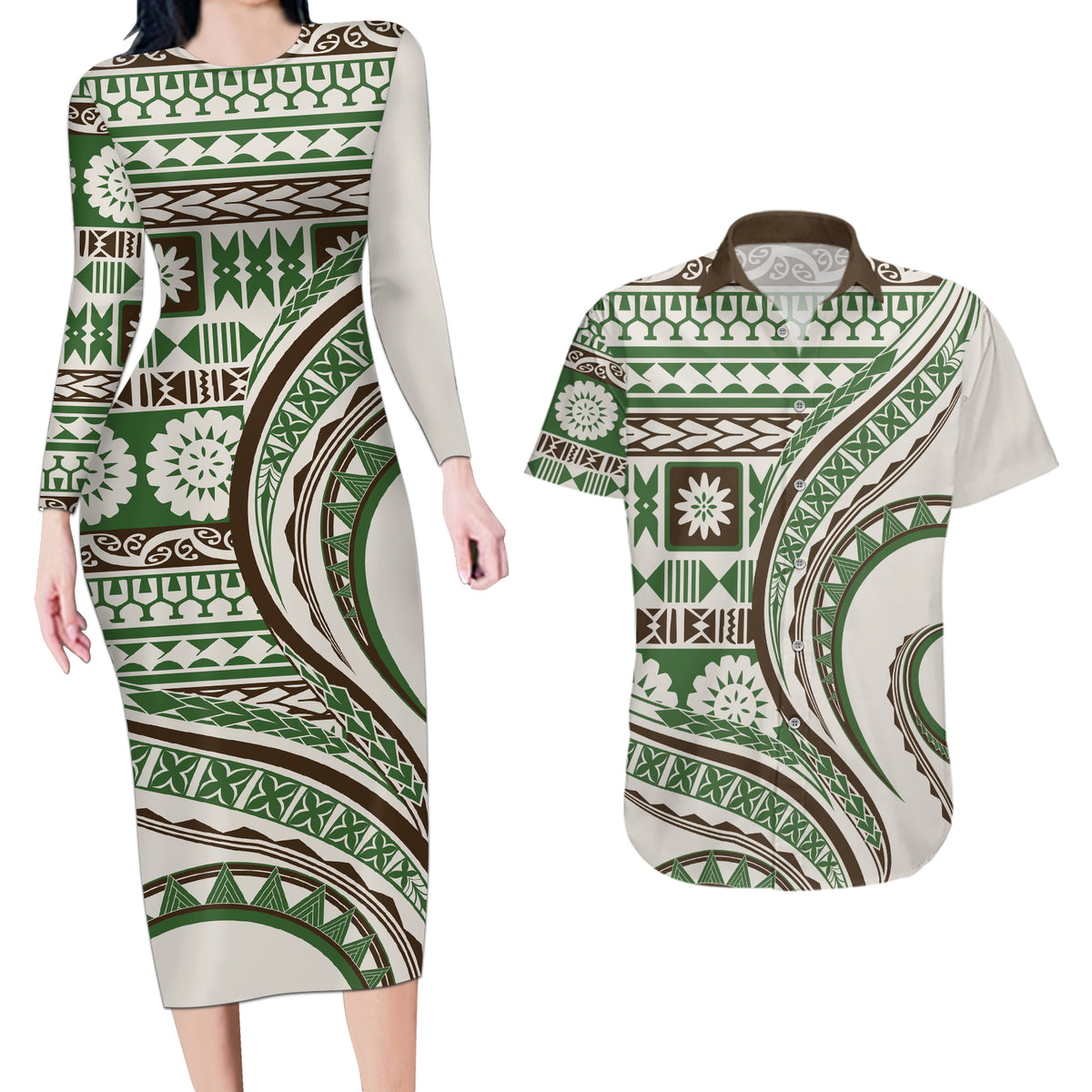 Hawaiian Hibiscus Tribal Vintage Motif Couples Matching Long Sleeve Bodycon Dress and Hawaiian Shirt Ver 7 LT9 Green - Polynesian Pride