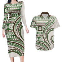 Hawaiian Hibiscus Tribal Vintage Motif Couples Matching Long Sleeve Bodycon Dress and Hawaiian Shirt Ver 7 LT9 Green - Polynesian Pride