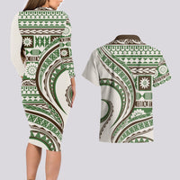 Hawaiian Hibiscus Tribal Vintage Motif Couples Matching Long Sleeve Bodycon Dress and Hawaiian Shirt Ver 7 LT9 - Polynesian Pride