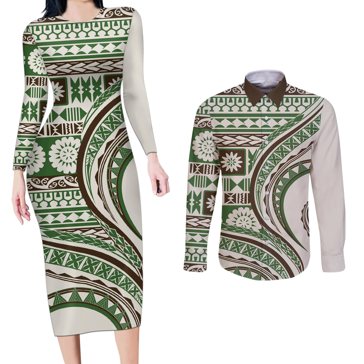 Hawaiian Hibiscus Tribal Vintage Motif Couples Matching Long Sleeve Bodycon Dress and Long Sleeve Button Shirt Ver 7 LT9 Green - Polynesian Pride