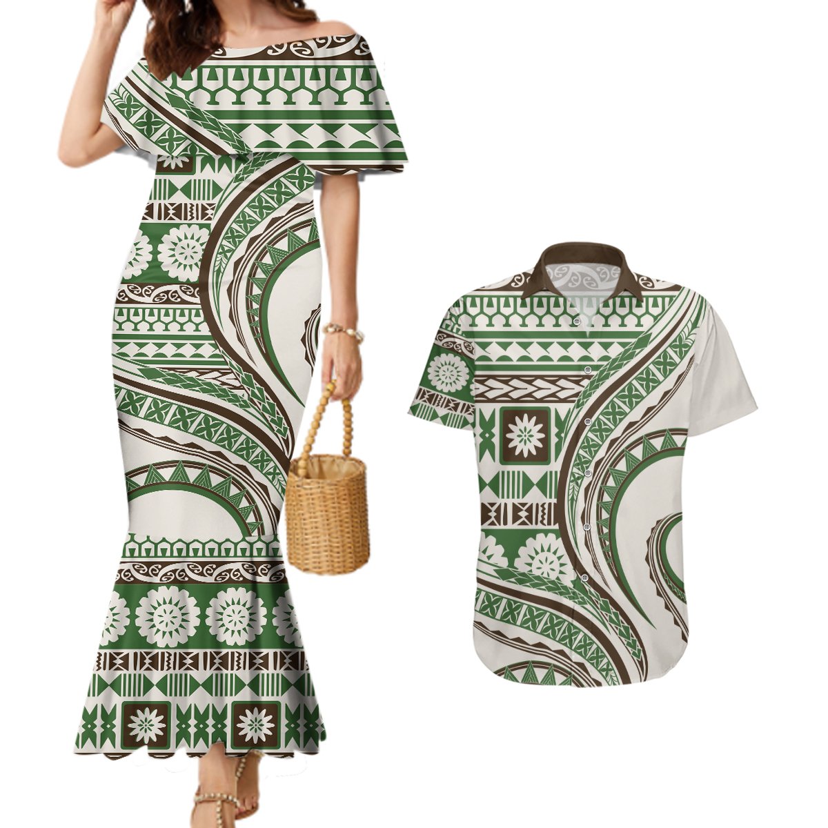 Hawaiian Hibiscus Tribal Vintage Motif Couples Matching Mermaid Dress and Hawaiian Shirt Ver 7 LT9 Green - Polynesian Pride