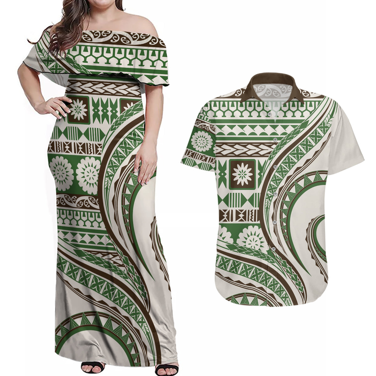 Hawaiian Hibiscus Tribal Vintage Motif Couples Matching Off Shoulder Maxi Dress and Hawaiian Shirt Ver 7 LT9 Green - Polynesian Pride