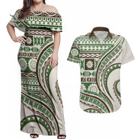 Hawaiian Hibiscus Tribal Vintage Motif Couples Matching Off Shoulder Maxi Dress and Hawaiian Shirt Ver 7 LT9 Green - Polynesian Pride