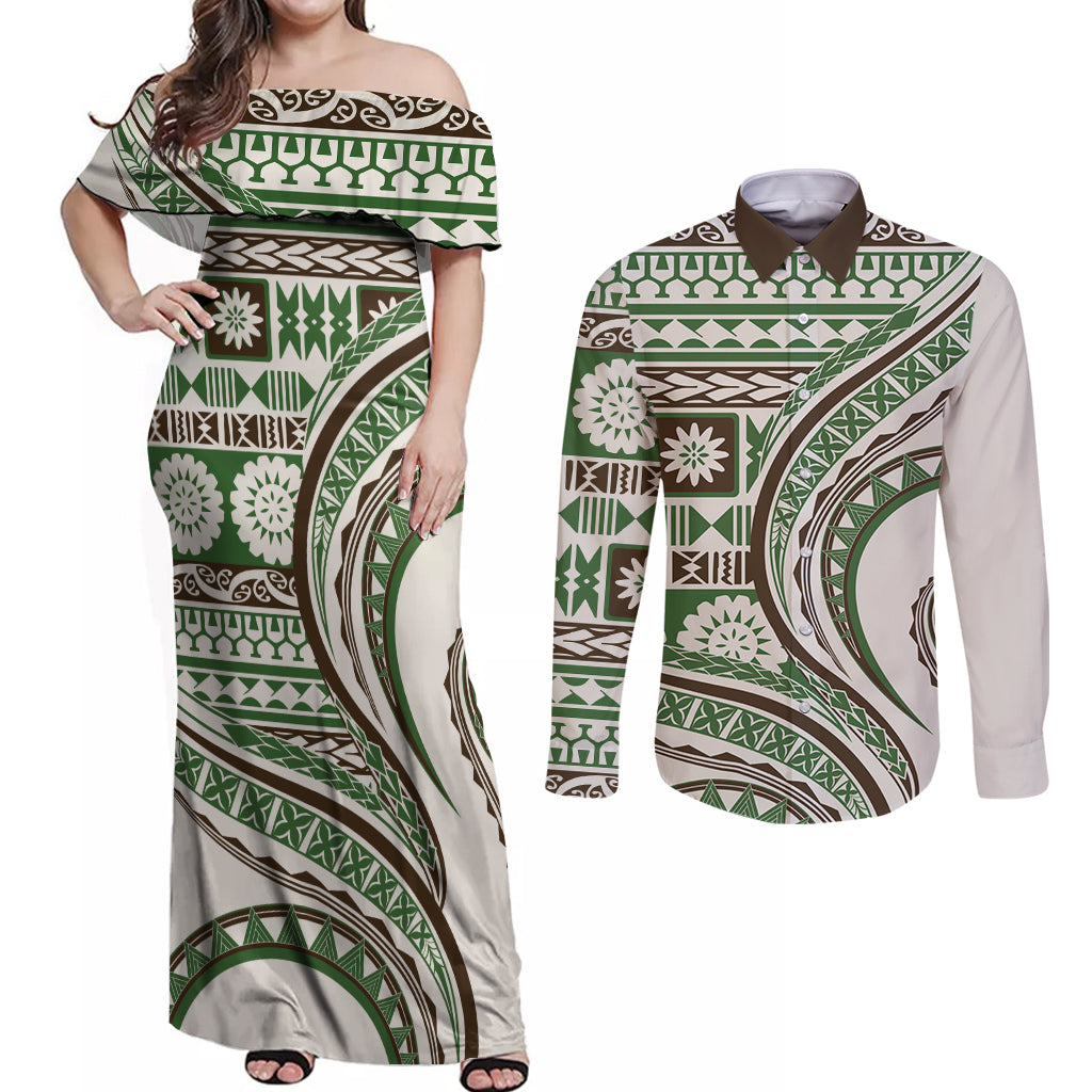 Hawaiian Hibiscus Tribal Vintage Motif Couples Matching Off Shoulder Maxi Dress and Long Sleeve Button Shirt Ver 7