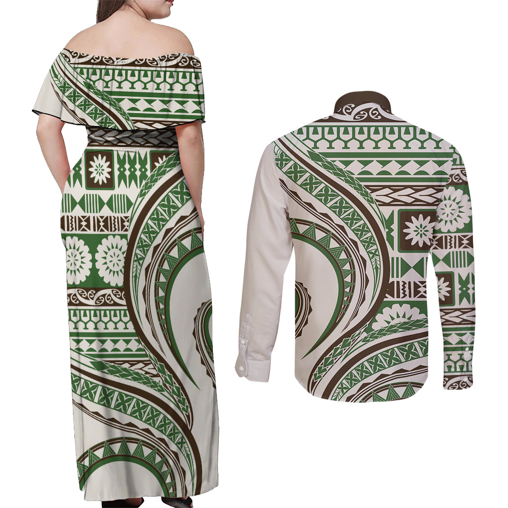 Hawaiian Hibiscus Tribal Vintage Motif Couples Matching Off Shoulder Maxi Dress and Long Sleeve Button Shirt Ver 7