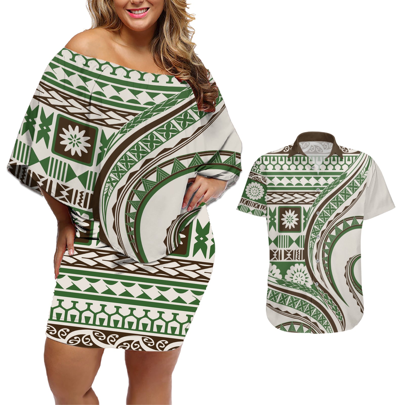 Hawaiian Hibiscus Tribal Vintage Motif Couples Matching Off Shoulder Short Dress and Hawaiian Shirt Ver 7