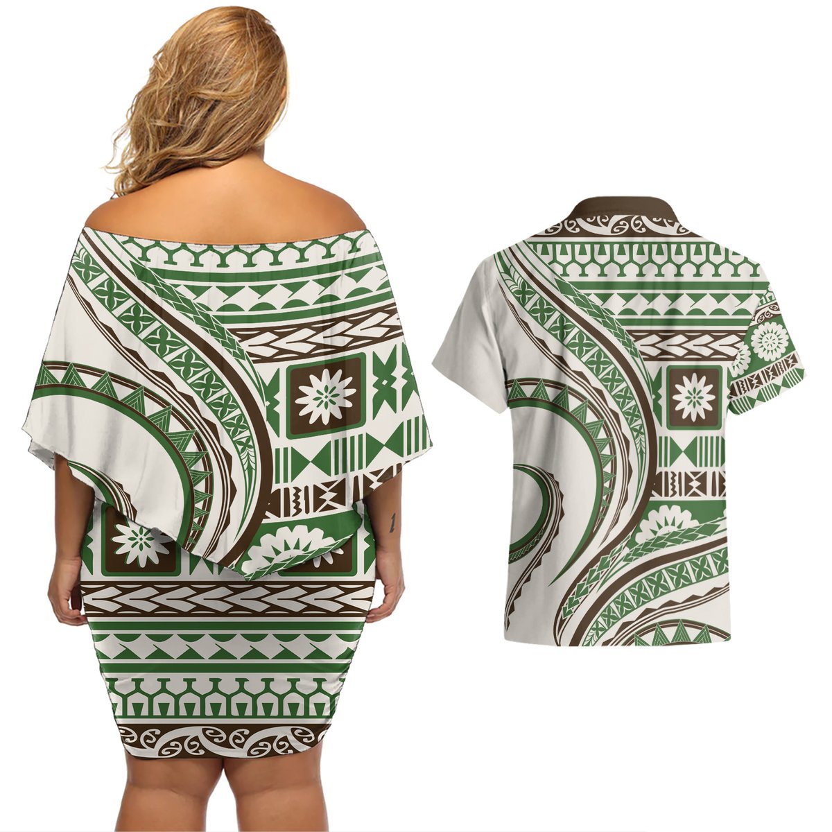 Hawaiian Hibiscus Tribal Vintage Motif Couples Matching Off Shoulder Short Dress and Hawaiian Shirt Ver 7 LT9 - Polynesian Pride