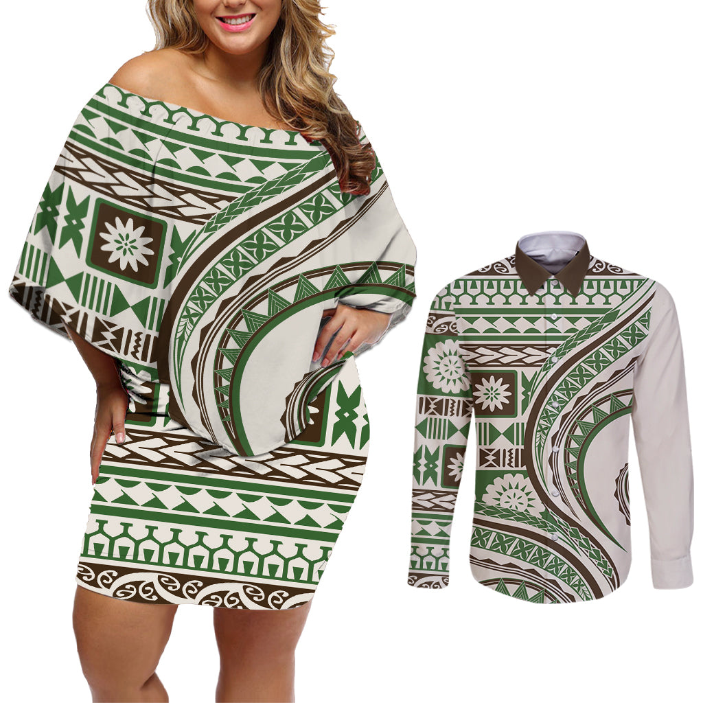 Hawaiian Hibiscus Tribal Vintage Motif Couples Matching Off Shoulder Short Dress and Long Sleeve Button Shirt Ver 7