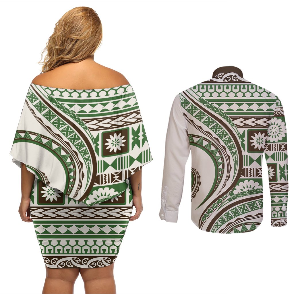 Hawaiian Hibiscus Tribal Vintage Motif Couples Matching Off Shoulder Short Dress and Long Sleeve Button Shirt Ver 7