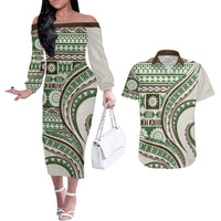 Hawaiian Hibiscus Tribal Vintage Motif Couples Matching Off The Shoulder Long Sleeve Dress and Hawaiian Shirt Ver 7 LT9 Green - Polynesian Pride