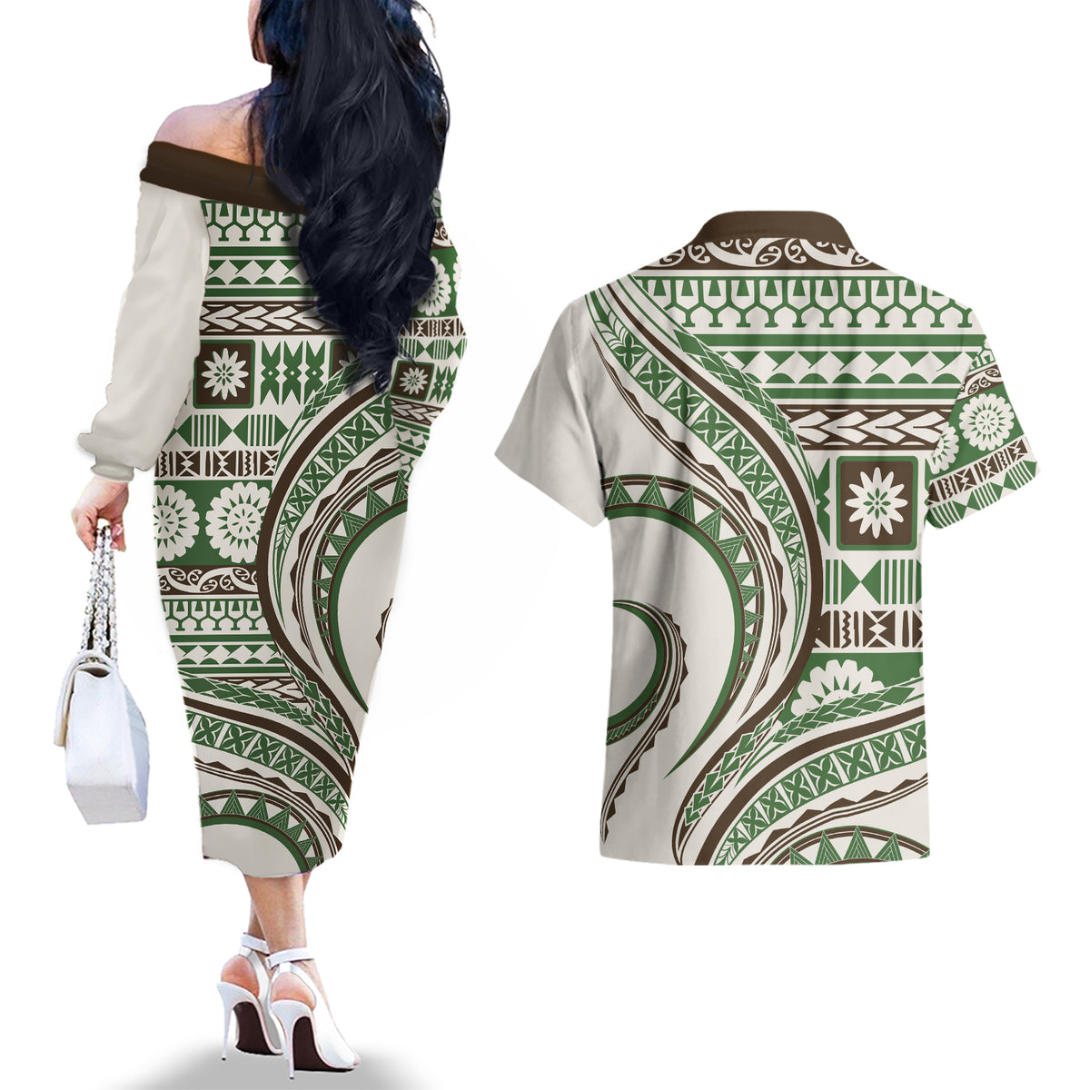 Hawaiian Hibiscus Tribal Vintage Motif Couples Matching Off The Shoulder Long Sleeve Dress and Hawaiian Shirt Ver 7 LT9 - Polynesian Pride