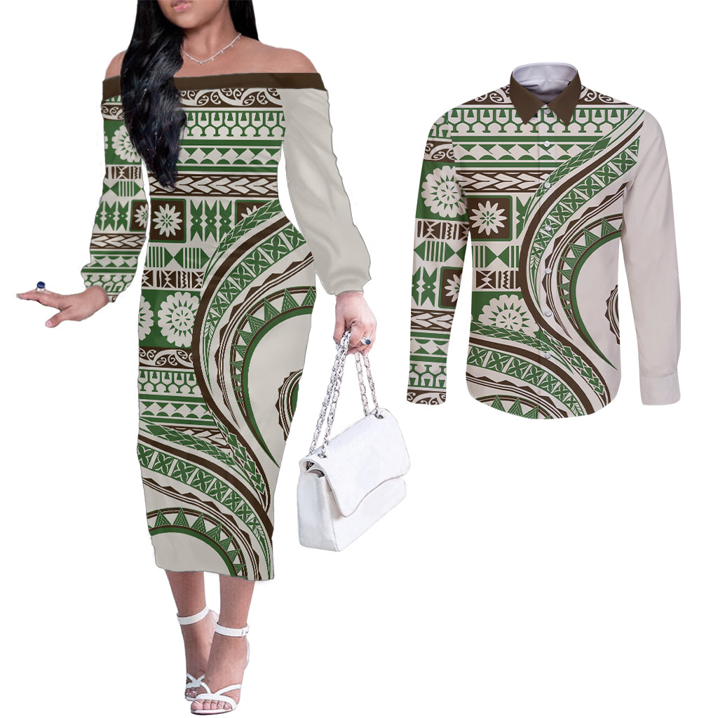 Hawaiian Hibiscus Tribal Vintage Motif Couples Matching Off The Shoulder Long Sleeve Dress and Long Sleeve Button Shirt Ver 7