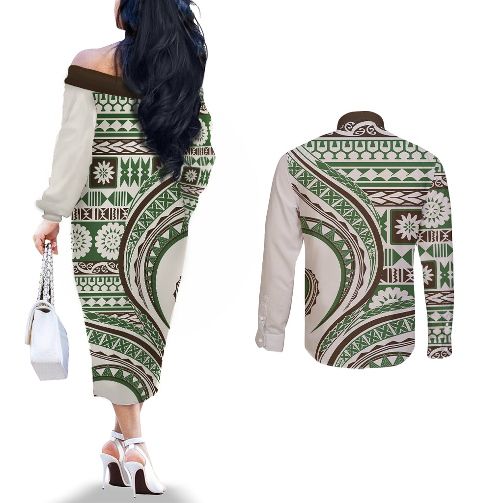 Hawaiian Hibiscus Tribal Vintage Motif Couples Matching Off The Shoulder Long Sleeve Dress and Long Sleeve Button Shirt Ver 7 LT9 - Polynesian Pride
