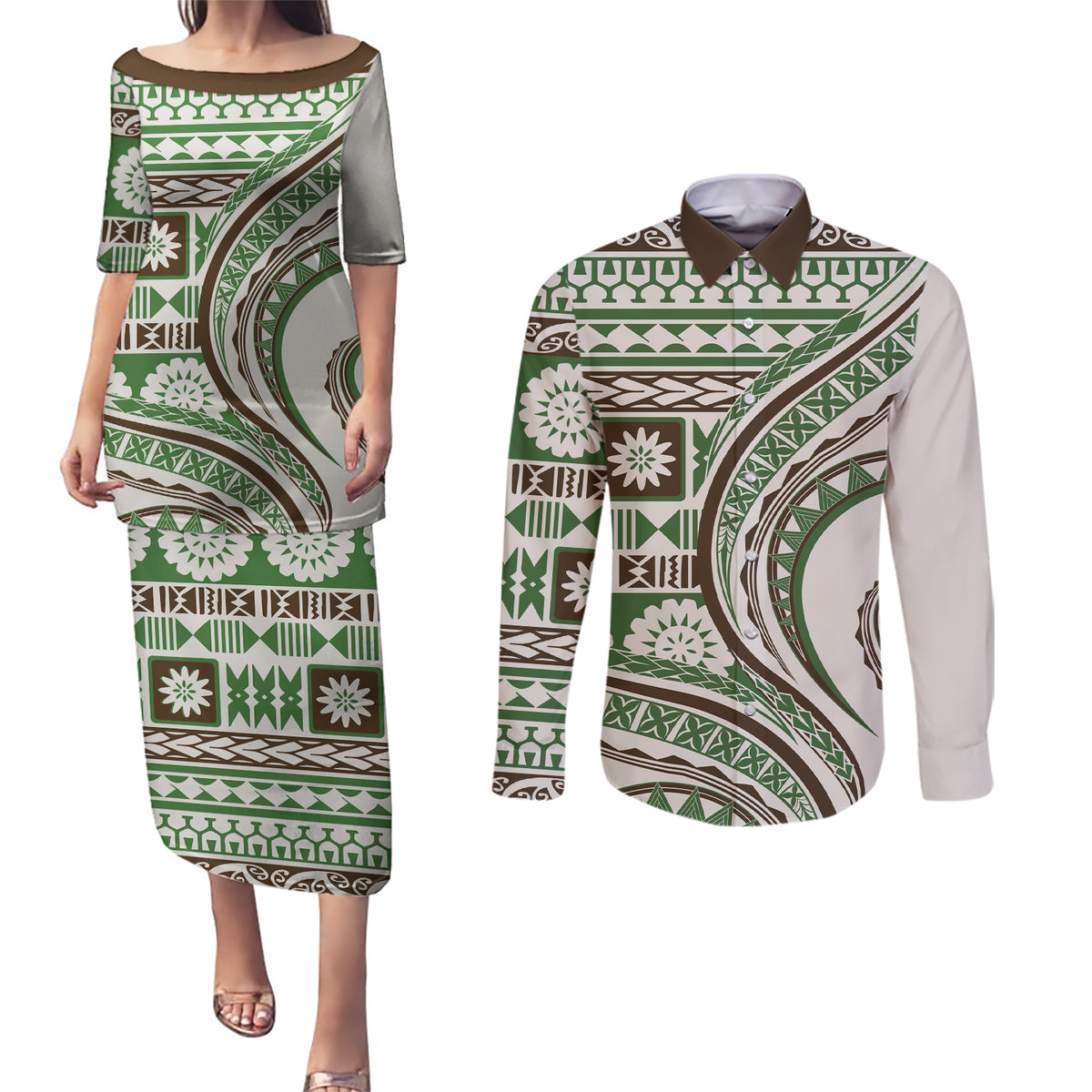 Hawaiian Hibiscus Tribal Vintage Motif Couples Matching Puletasi and Long Sleeve Button Shirt Ver 7