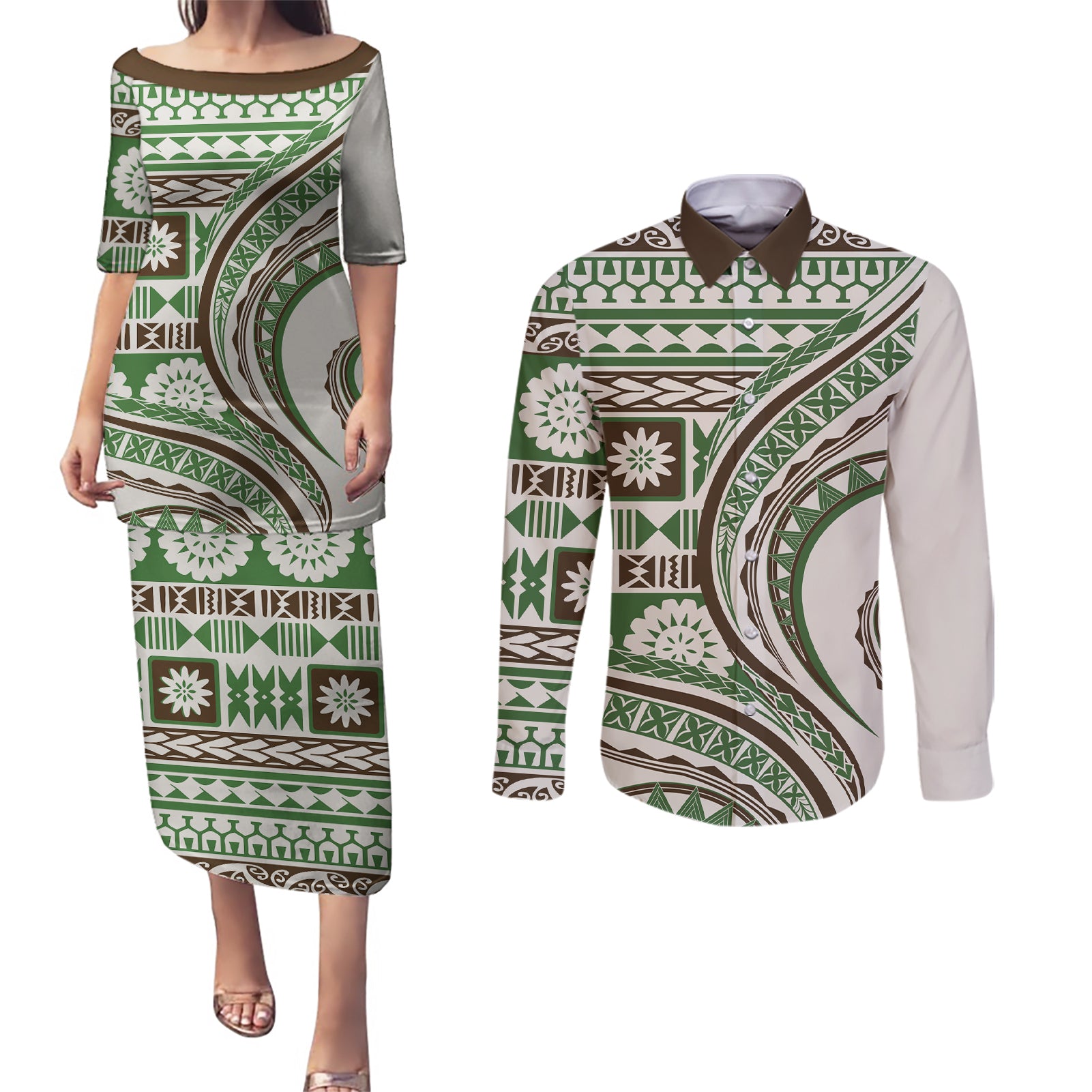 Hawaiian Hibiscus Tribal Vintage Motif Couples Matching Puletasi and Long Sleeve Button Shirt Ver 7
