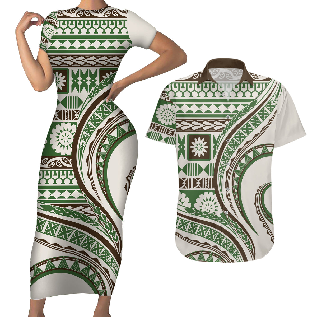 Hawaiian Hibiscus Tribal Vintage Motif Couples Matching Short Sleeve Bodycon Dress and Hawaiian Shirt Ver 7 LT9 Green - Polynesian Pride