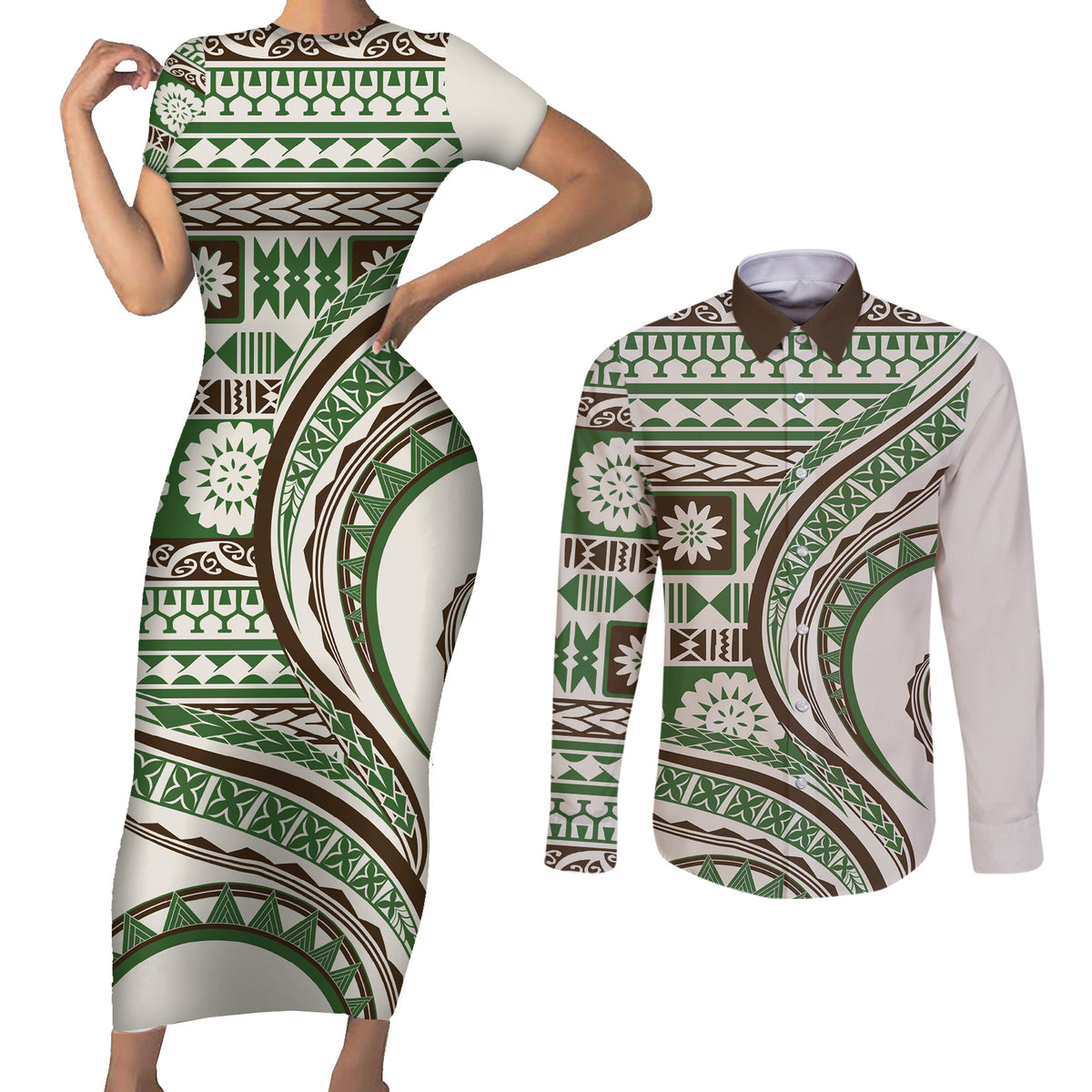 Hawaiian Hibiscus Tribal Vintage Motif Couples Matching Short Sleeve Bodycon Dress and Long Sleeve Button Shirt Ver 7 LT9 Green - Polynesian Pride