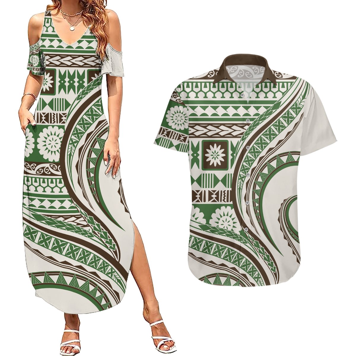 Hawaiian Hibiscus Tribal Vintage Motif Couples Matching Summer Maxi Dress and Hawaiian Shirt Ver 7 LT9 Green - Polynesian Pride