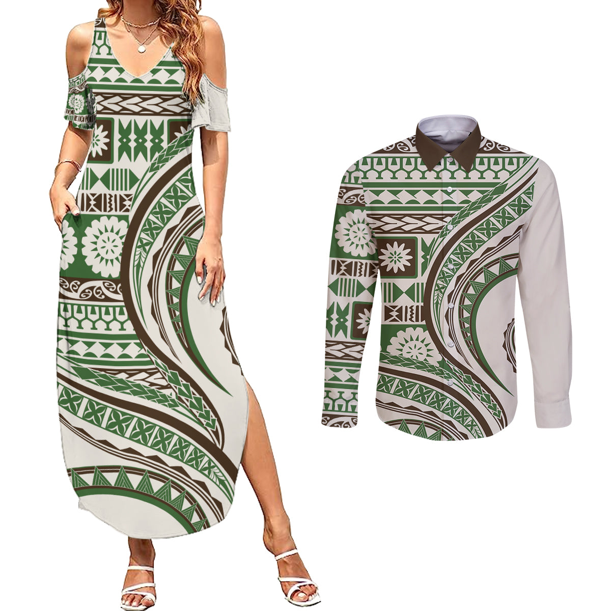 Hawaiian Hibiscus Tribal Vintage Motif Couples Matching Summer Maxi Dress and Long Sleeve Button Shirt Ver 7