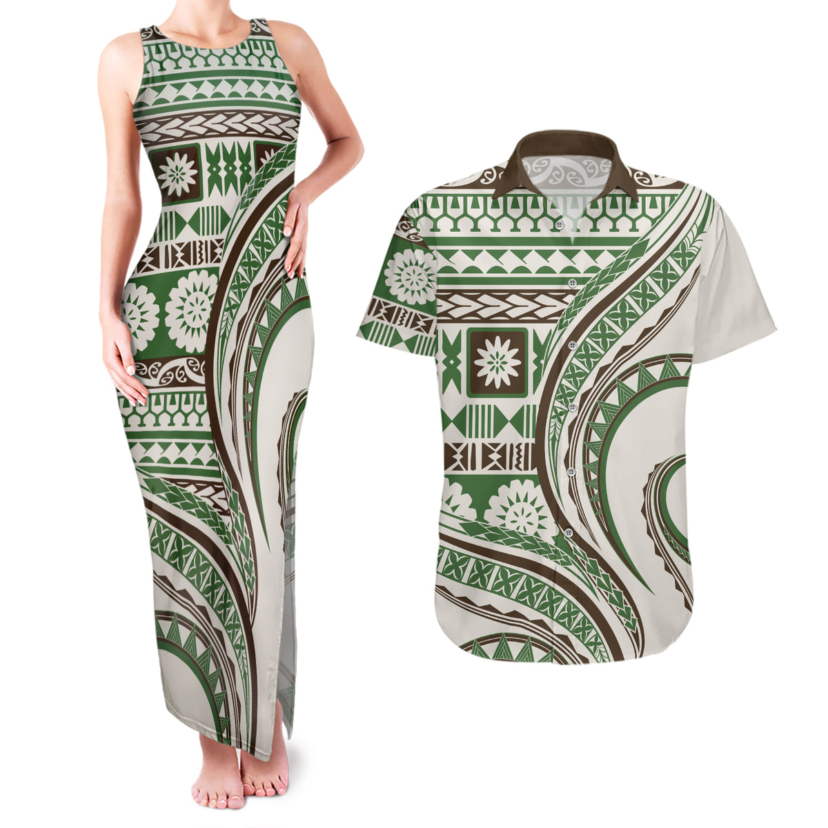 Hawaiian Hibiscus Tribal Vintage Motif Couples Matching Tank Maxi Dress and Hawaiian Shirt Ver 7 LT9 Green - Polynesian Pride