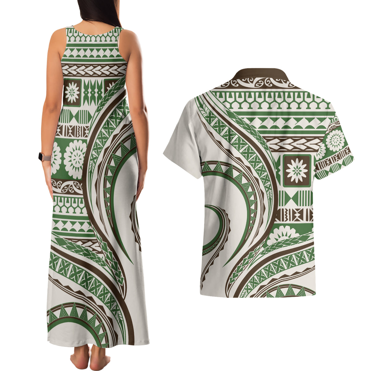 Hawaiian Hibiscus Tribal Vintage Motif Couples Matching Tank Maxi Dress and Hawaiian Shirt Ver 7 LT9 - Polynesian Pride