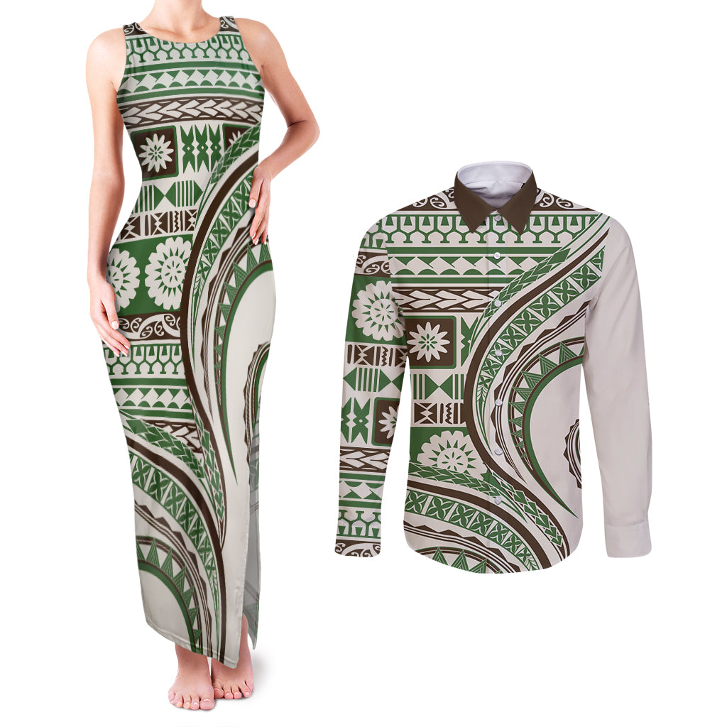 Hawaiian Hibiscus Tribal Vintage Motif Couples Matching Tank Maxi Dress and Long Sleeve Button Shirt Ver 7